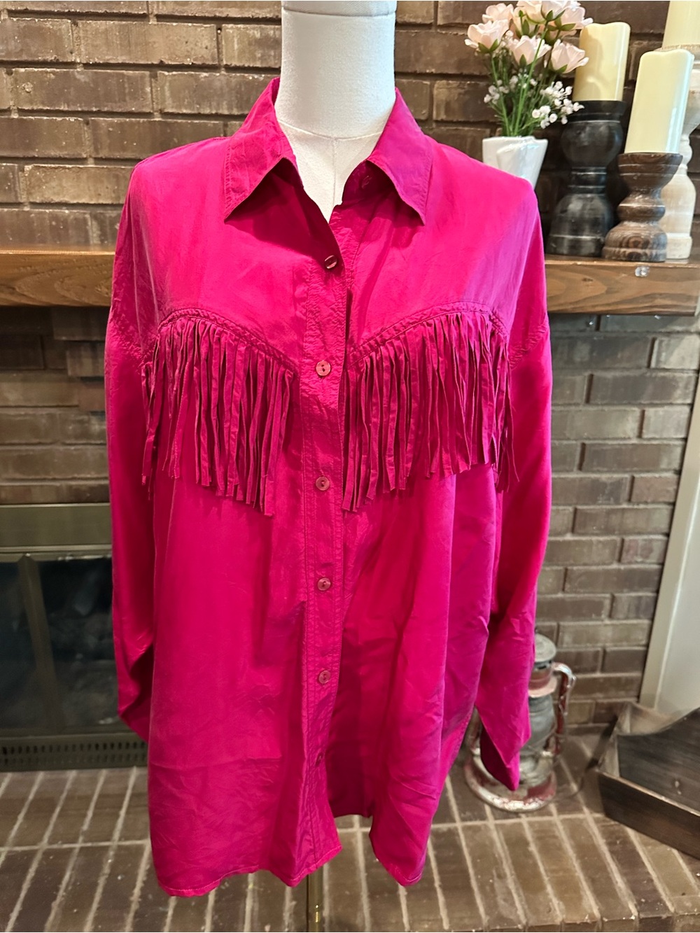 Moda by BB Dakota Pink 100% Silk Western Fringe Shirt Size Large Cowgirl Vintage